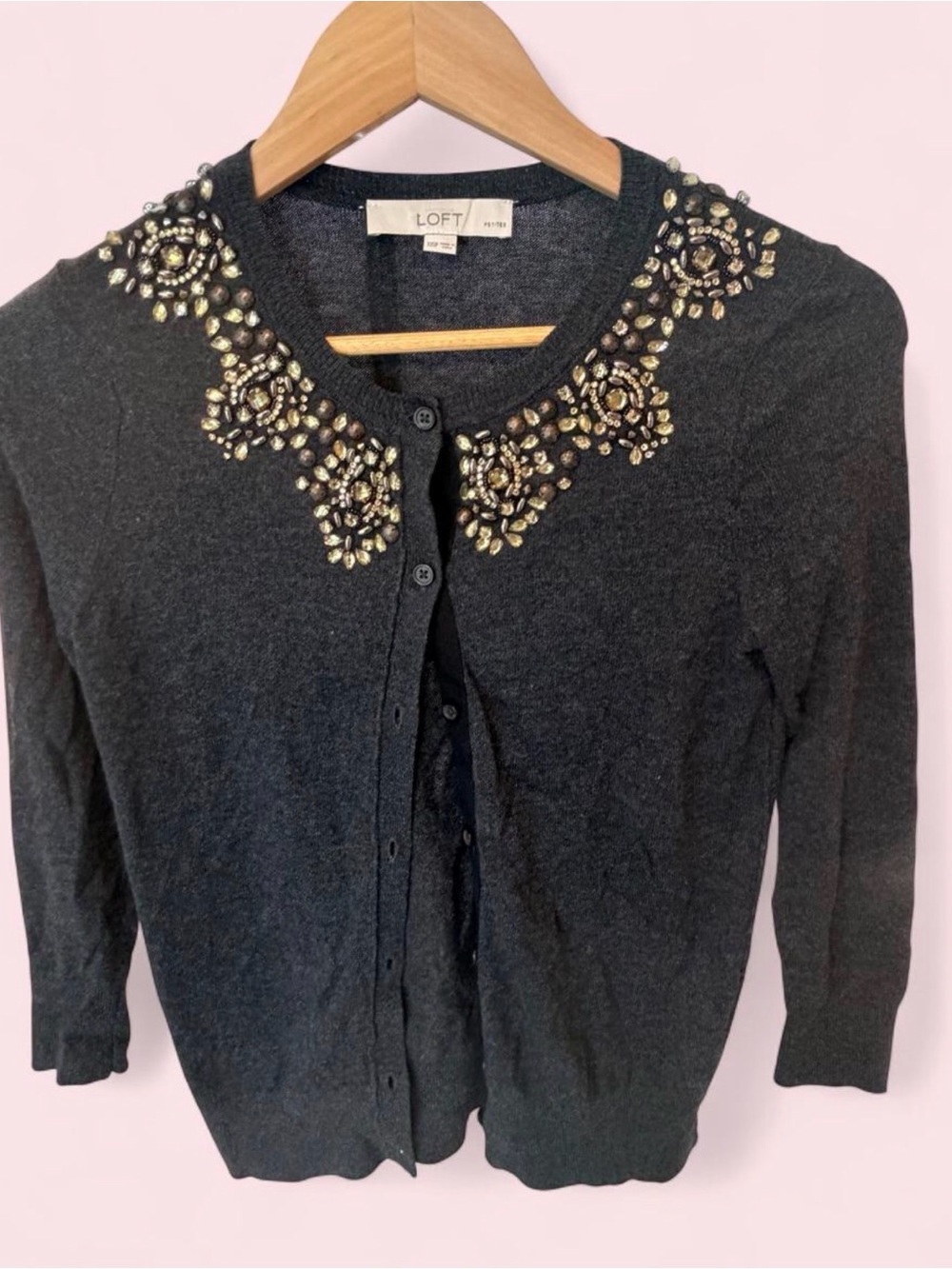LOFT Embellished Dark Gray Cardigan Sweater
